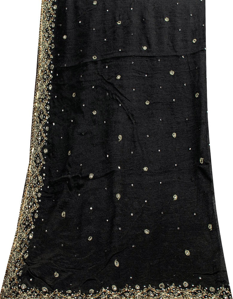 Sanskriti Vintage Black Pure Chiffon Silk Dupatta Long Stole Hand Beaded Zari Sequins Crafting, Upcycling, Recycling, Dress Making, Home Decor,