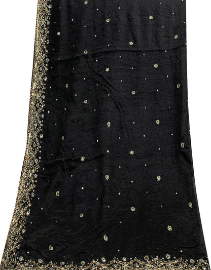 Sanskriti Vintage Black Pure Chiffon Silk Dupatta Long Stole Hand Beaded Zari Sequins Crafting, Upcycling, Recycling, Dress Making, Home Decor,