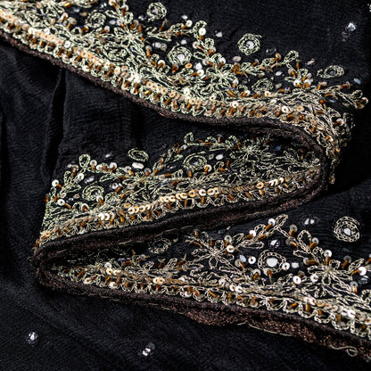 Sanskriti Vintage Black Pure Chiffon Silk Dupatta Long Stole Hand Beaded Zari Sequins Crafting, Upcycling, Recycling, Dress Making, Home Decor,