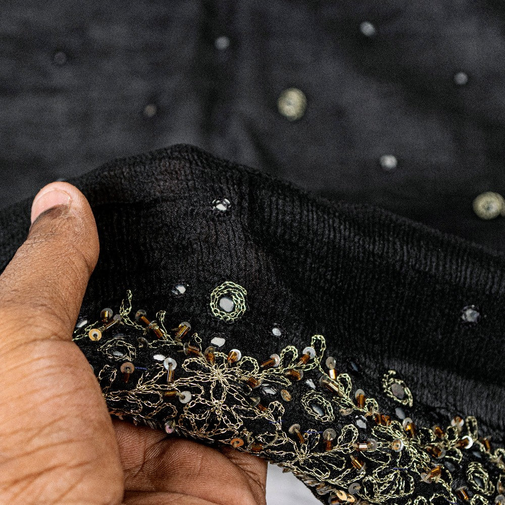 Sanskriti Vintage Black Pure Chiffon Silk Dupatta Long Stole Hand Beaded Zari Sequins Crafting, Upcycling, Recycling, Dress Making, Home Decor,
