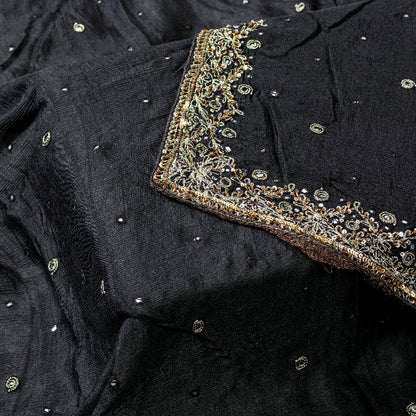 Sanskriti Vintage Black Pure Chiffon Silk Dupatta Long Stole Hand Beaded Zari Sequins Crafting, Upcycling, Recycling, Dress Making, Home Decor,