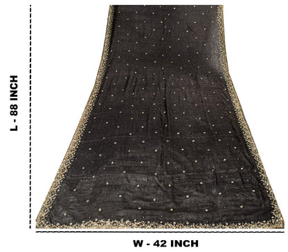 Sanskriti Vintage Black Pure Chiffon Silk Dupatta Long Stole Hand Beaded Zari Sequins Crafting, Upcycling, Recycling, Dress Making, Home Decor,