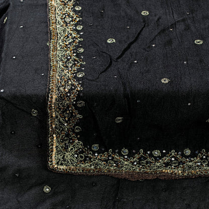 Sanskriti Vintage Black Pure Chiffon Silk Dupatta Long Stole Hand Beaded Zari Sequins Crafting, Upcycling, Recycling, Dress Making, Home Decor,