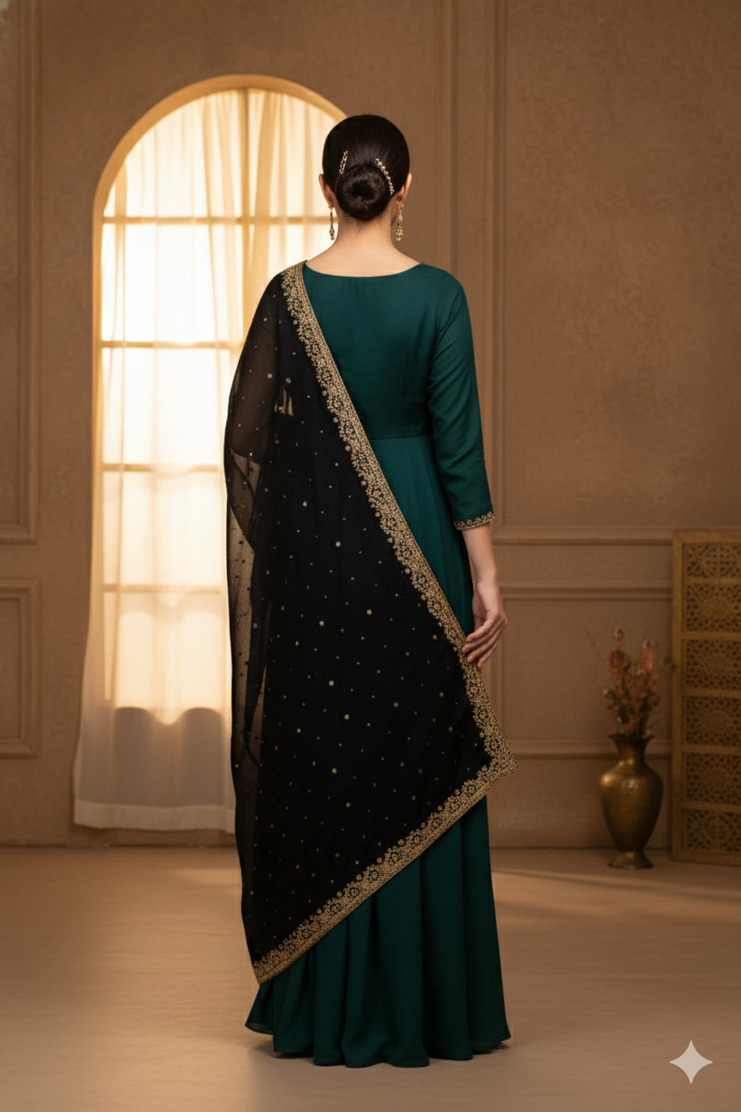 Sanskriti Vintage Black Pure Chiffon Silk Dupatta Long Stole Hand Beaded Zari Sequins Crafting, Upcycling, Recycling, Dress Making, Home Decor,