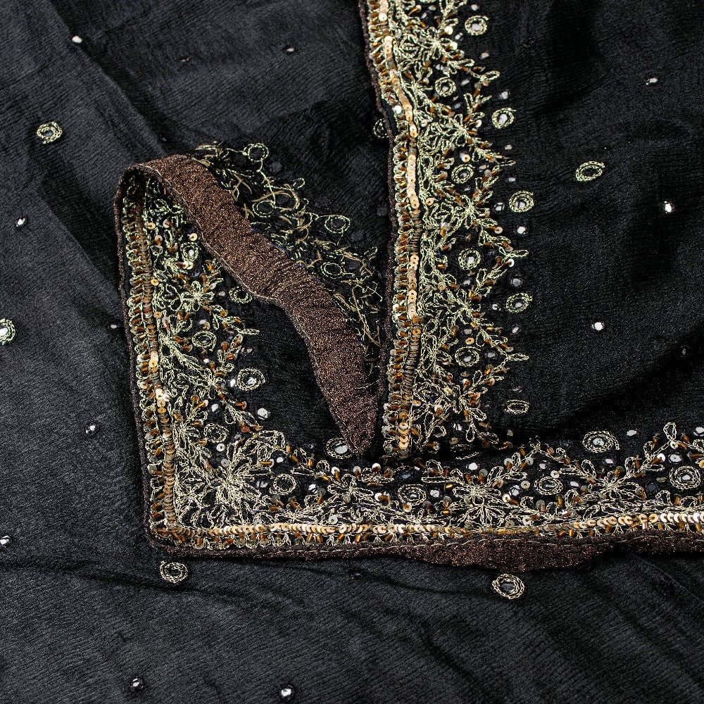 Sanskriti Vintage Black Pure Chiffon Silk Dupatta Long Stole Hand Beaded Zari Sequins Crafting, Upcycling, Recycling, Dress Making, Home Decor,