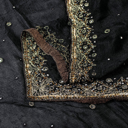 Sanskriti Vintage Black Pure Chiffon Silk Dupatta Long Stole Hand Beaded Zari
