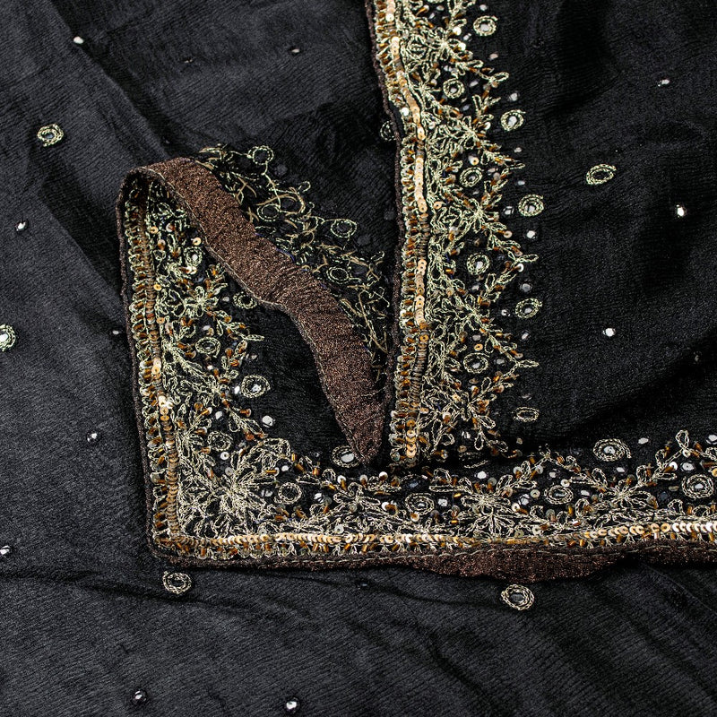 Sanskriti Vintage Black Pure Chiffon Silk Dupatta Long Stole Hand Beaded Zari Sequins Crafting, Upcycling, Recycling, Dress Making, Home Decor,