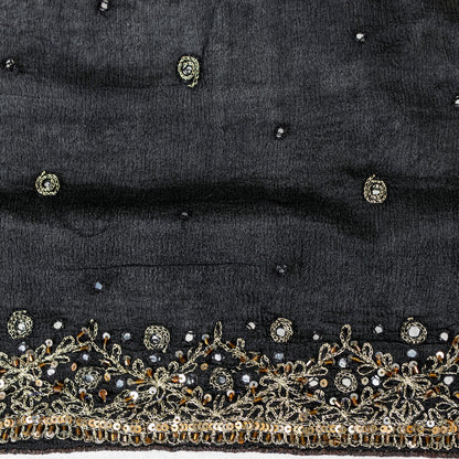 Sanskriti Vintage Black Pure Chiffon Silk Dupatta Long Stole Hand Beaded Zari Sequins Crafting, Upcycling, Recycling, Dress Making, Home Decor,