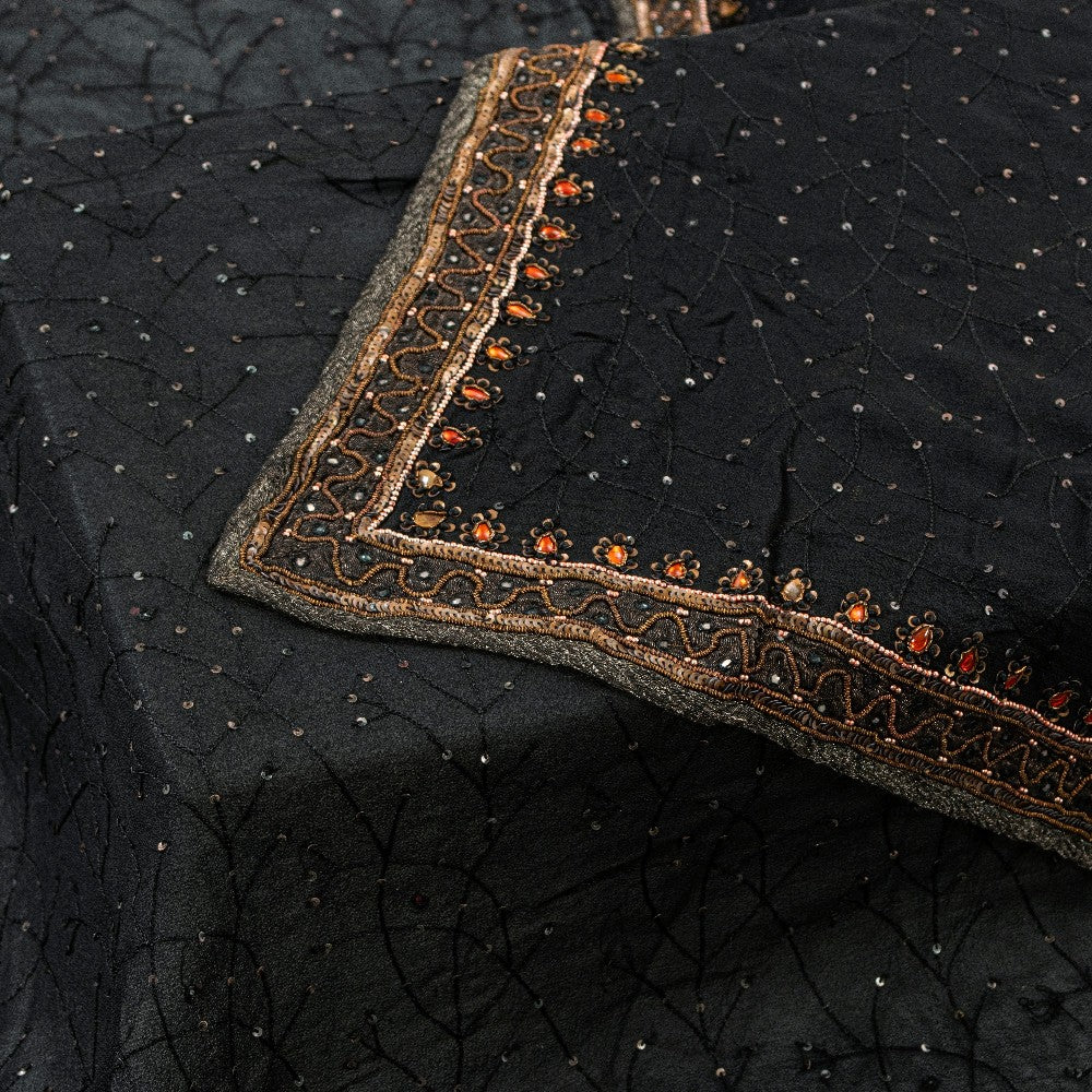 Sanskriti Vintage Black Pure Georgette Silk Stole Dupatta Hand Beaded Zardozi