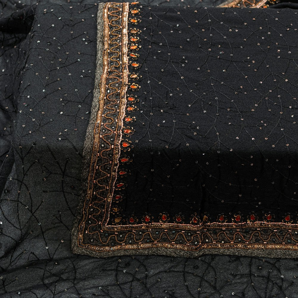 Sanskriti Vintage Black Pure Georgette Silk Stole Dupatta Hand Beaded Zardozi
