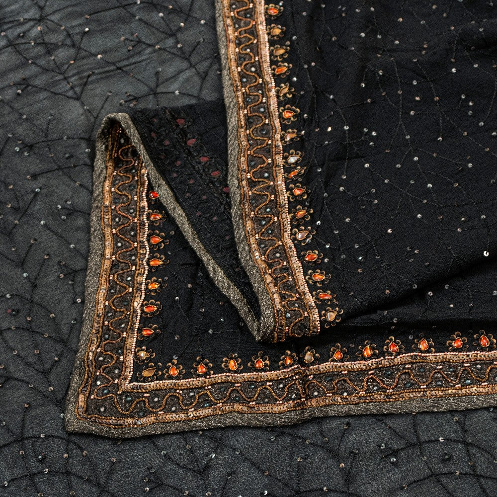 Sanskriti Vintage Black Pure Georgette Silk Stole Dupatta Hand Beaded Zardozi