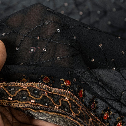 Sanskriti Vintage Black Pure Georgette Silk Stole Dupatta Hand Beaded Zardozi