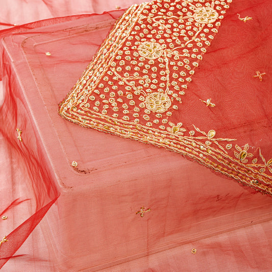 Sanskriti Vintage Red Net Dupatta Hand Beaded Zardozi Long Stole Wedding Scarves