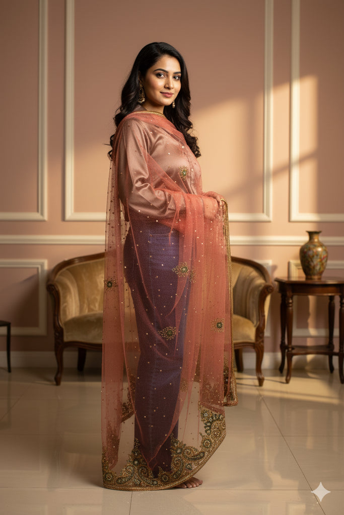 Sanskriti Vintage Red Net Dupatta Hand Beaded Zardozi Long Stole Wedding Scarves