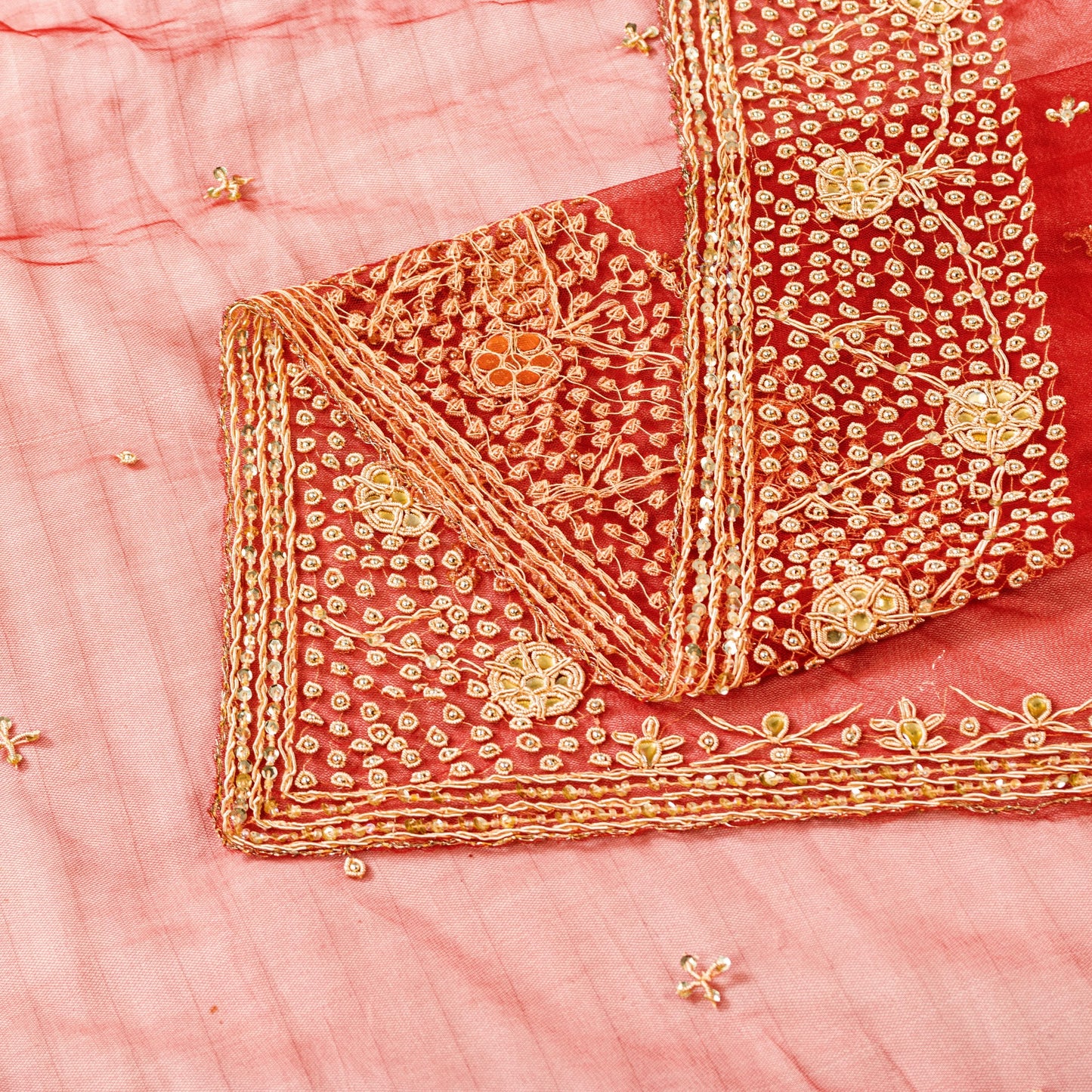 Sanskriti Vintage Red Net Dupatta Hand Beaded Zardozi Long Stole Wedding Scarves