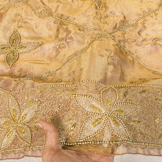 Sanskriti Vintage Golden Art Silk Dupatta/Stole Hand Embroidery Zari Indian Veil