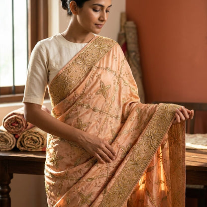 Sanskriti Vintage Golden Art Silk Dupatta/Stole Hand Embroidery Zari Indian Veil