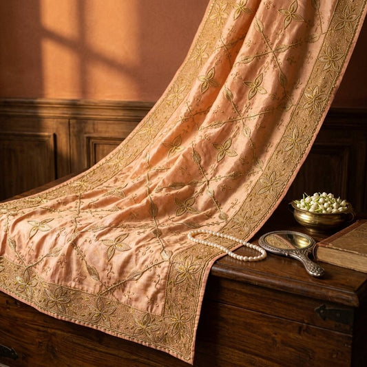 Sanskriti Vintage Golden Art Silk Dupatta/Stole Hand Embroidery Zari Indian Veil