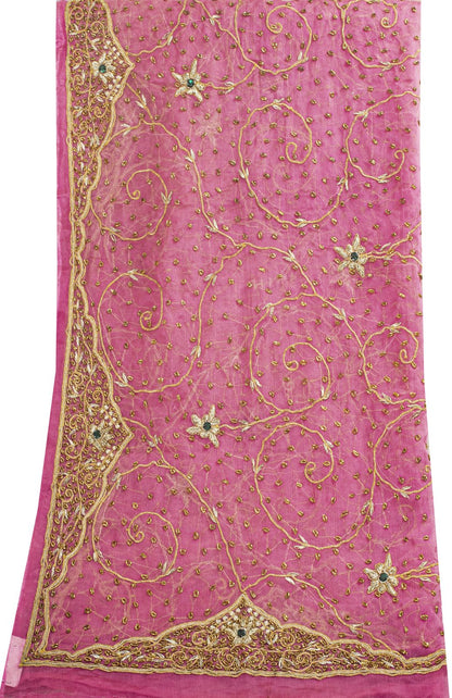 Sanskriti Vintage Pink Art Silk Dupatta/Stole Hand Embroidery Zardozi Dabka Veil