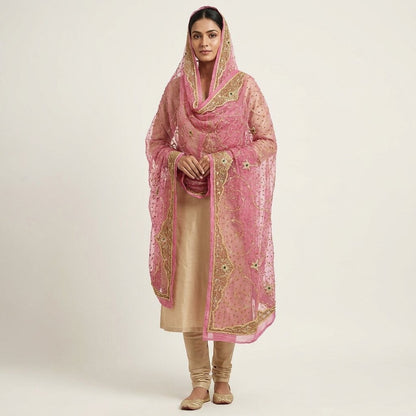 Sanskriti Vintage Pink Art Silk Dupatta/Stole Hand Embroidery Zardozi Dabka Veil