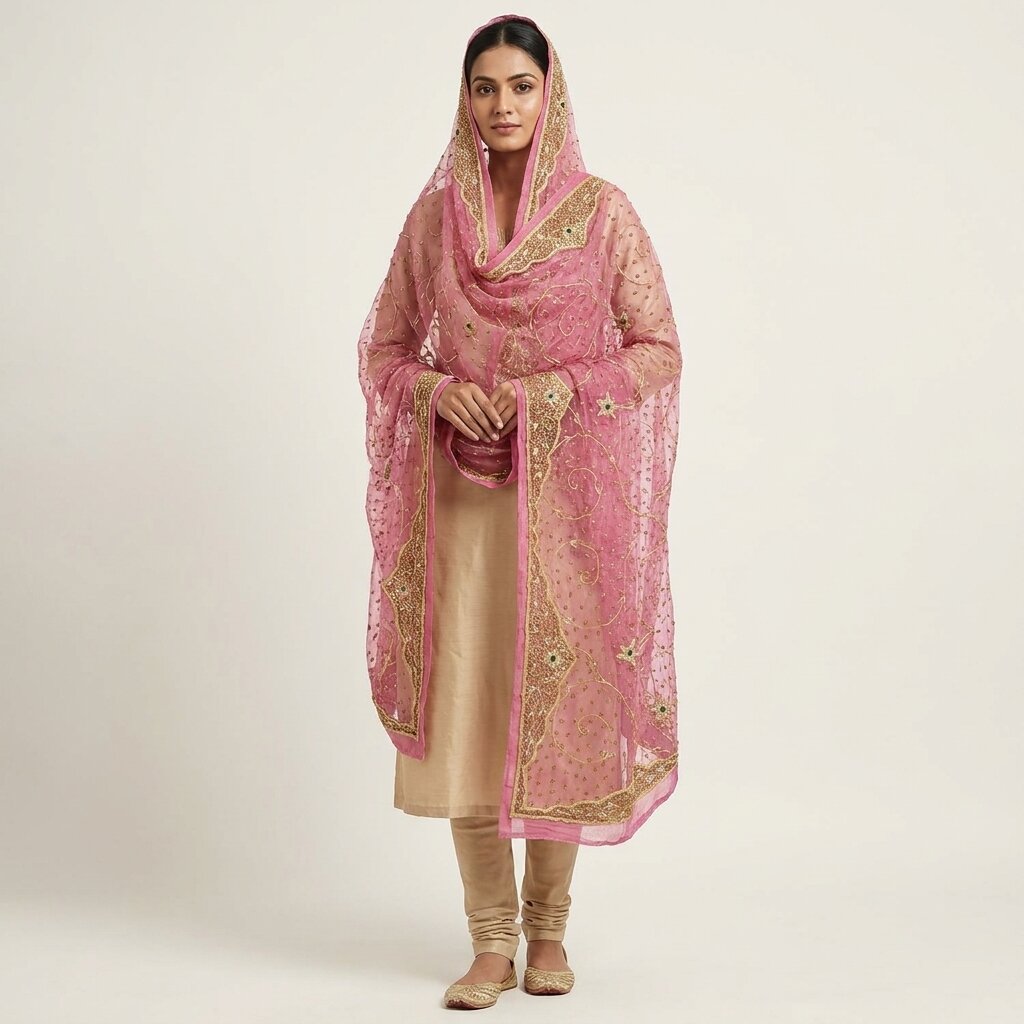 Sanskriti Vintage Pink Art Silk Dupatta/Stole Hand Embroidery Zardozi Dabka Veil