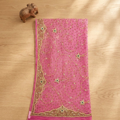 Sanskriti Vintage Pink Art Silk Dupatta/Stole Hand Embroidery Zardozi Dabka Veil