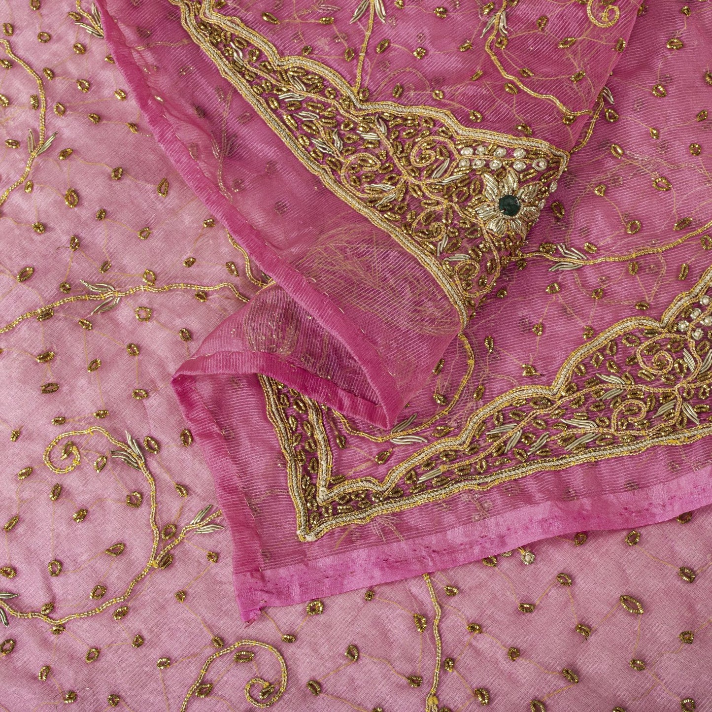 Sanskriti Vintage Pink Art Silk Dupatta/Stole Hand Embroidery Zardozi Dabka Veil