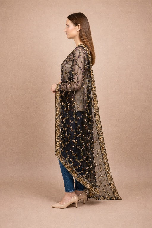 Sanskriti Vintage Dupatta Black Net Mesh Long Stole Hand Bead Neck/Head Scarves