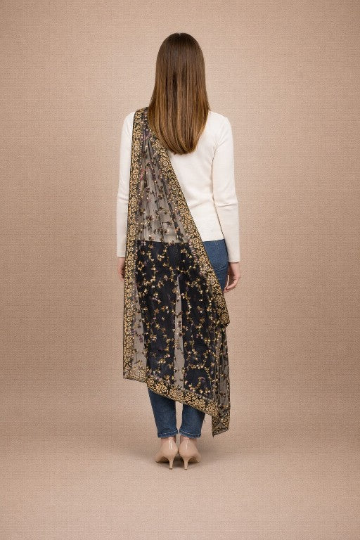 Sanskriti Vintage Dupatta Black Net Mesh Long Stole Hand Bead Neck/Head Scarves