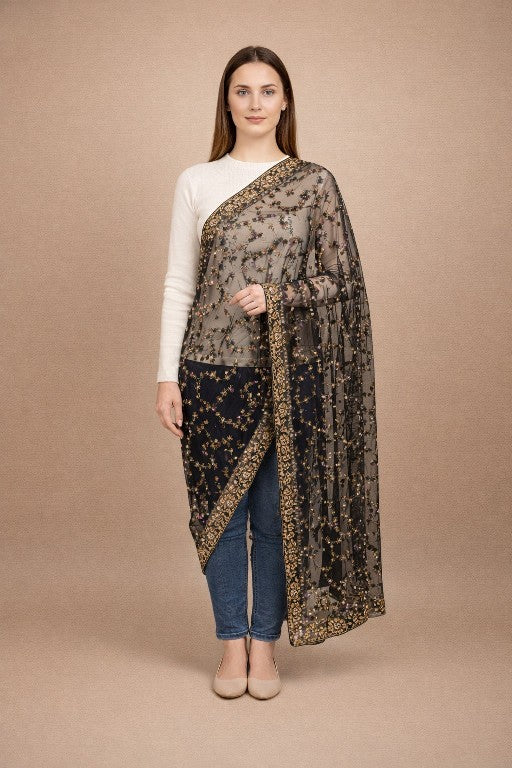Sanskriti Vintage Dupatta Black Net Mesh Long Stole Hand Bead Neck/Head Scarves