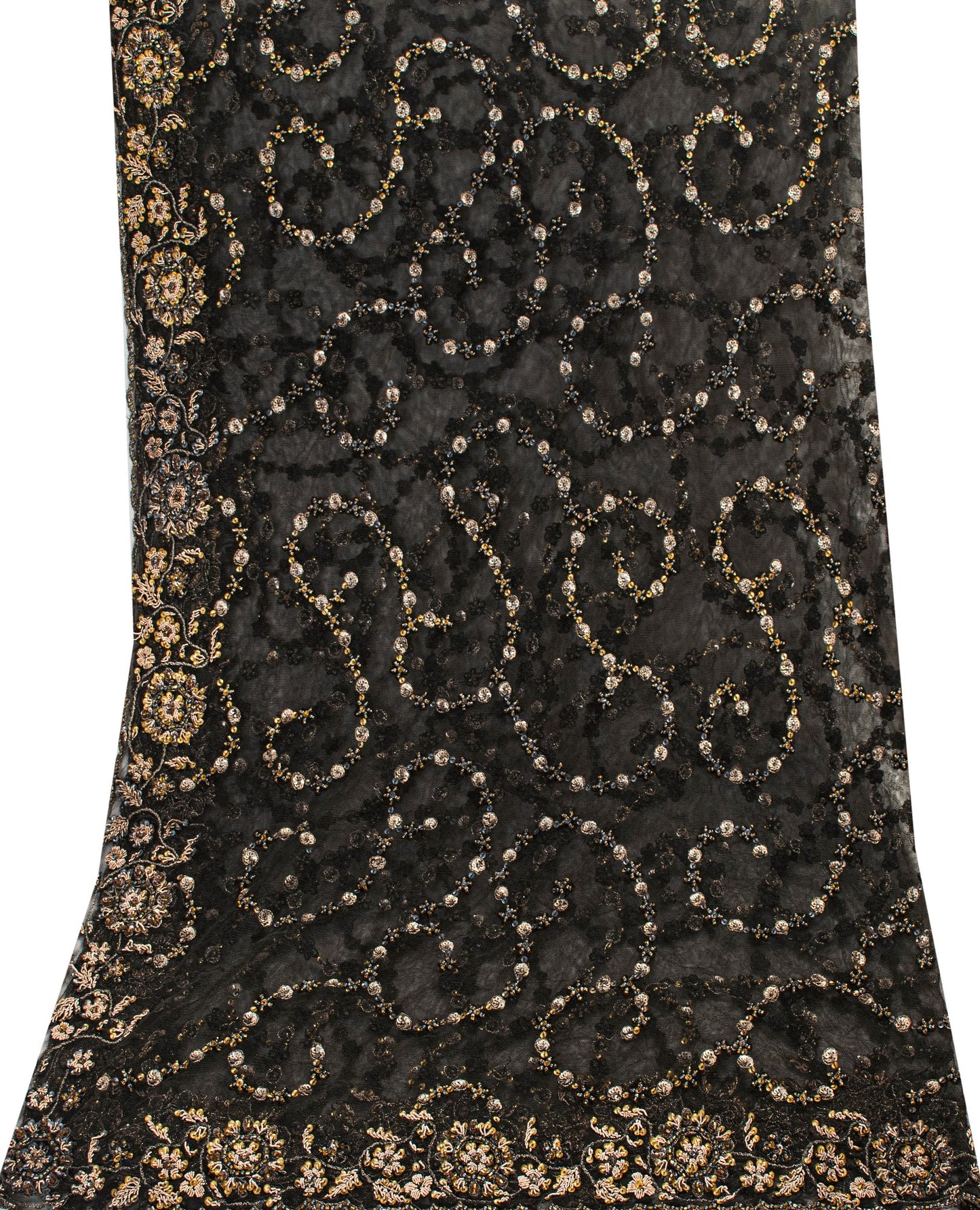 Sanskriti Vintage Dupatta Black Net Mesh Long Stole Hand Bead Neck/Head Scarves