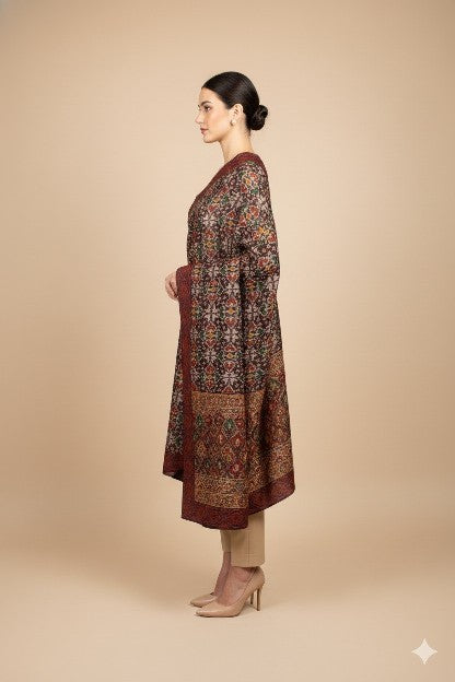 Sanskriti Vintage Brown Pure Silk Dupatta Long Stole Patan Patola Hand Ikatwoven