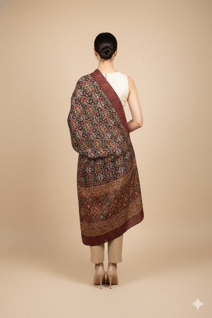 Sanskriti Vintage Brown Pure Silk Dupatta Long Stole Patan Patola Hand Ikatwoven