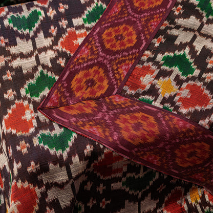 Sanskriti Vintage Brown Pure Silk Dupatta Long Stole Patan Patola From Gujrat Hand Ikat Woven Create Dresses, Kaftan, Skirt, Tops, Project