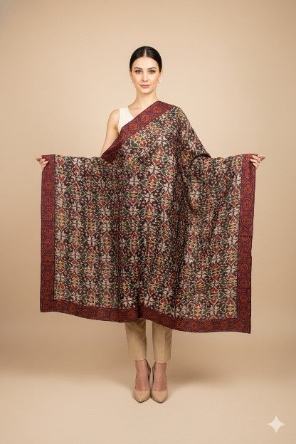 Sanskriti Vintage Brown Pure Silk Dupatta Long Stole Patan Patola Hand Ikatwoven
