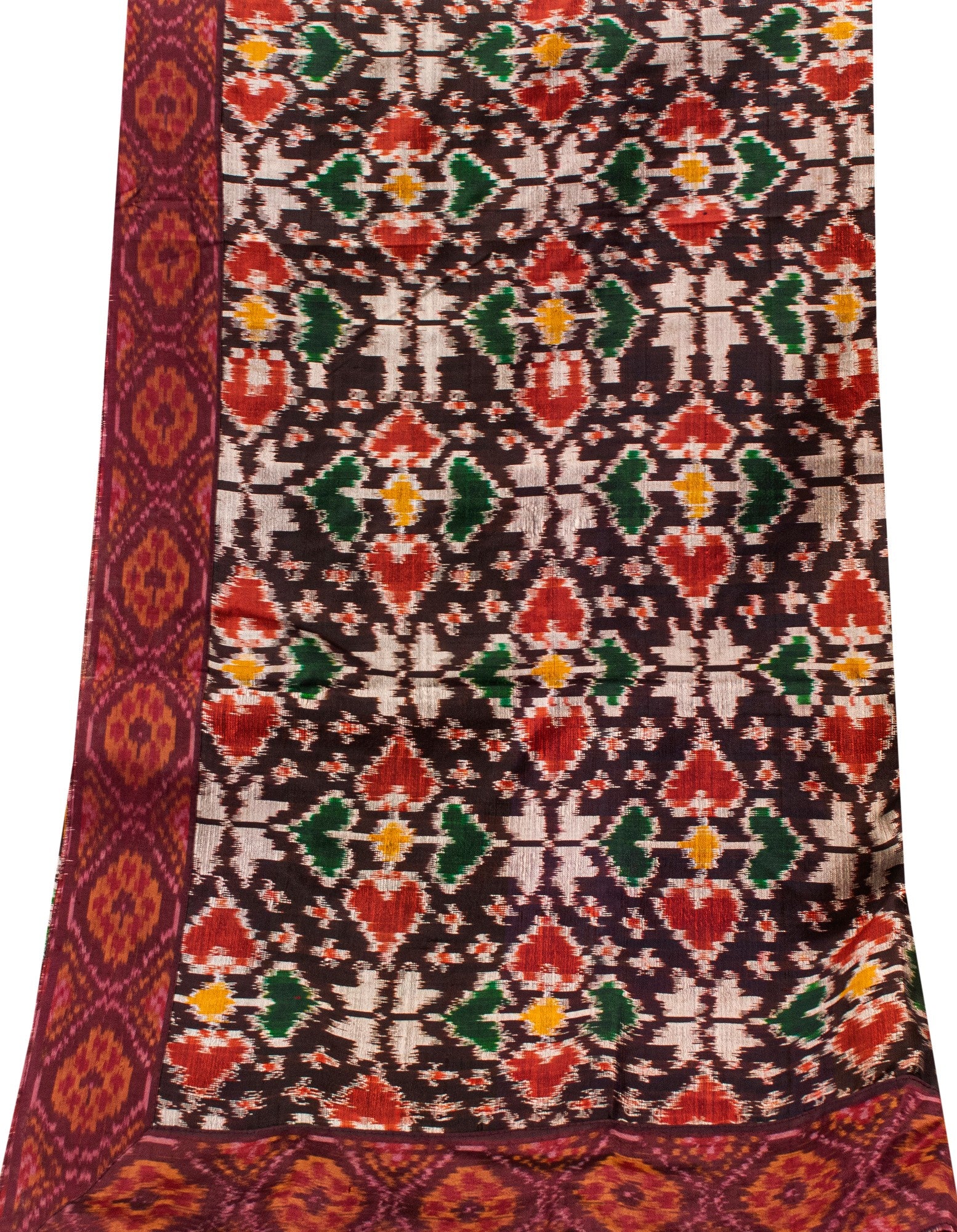 Sanskriti Vintage Brown Pure Silk Dupatta Long Stole Patan Patola Hand Ikatwoven