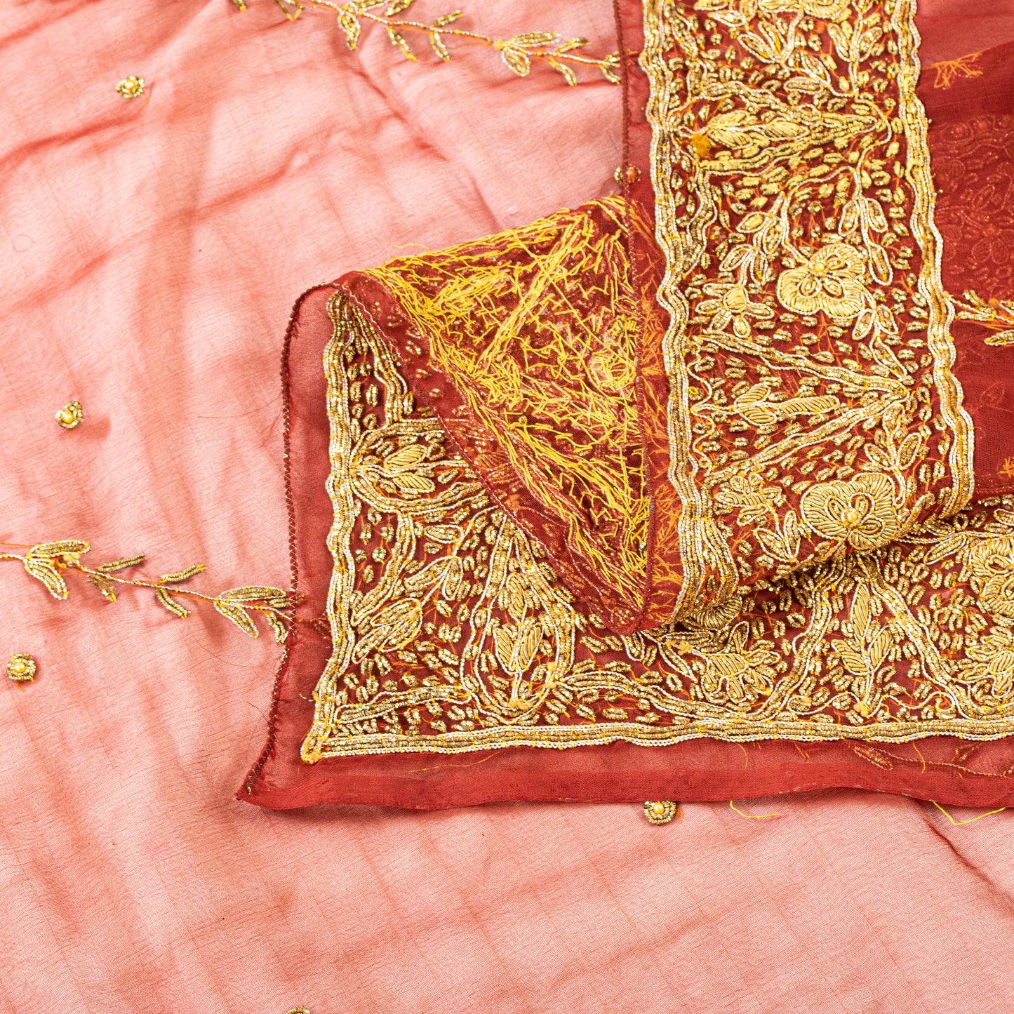 Sanskriti Vintage Red Organza Silk Dupatta Long Stole Hand Beaded Zardozi Scarves