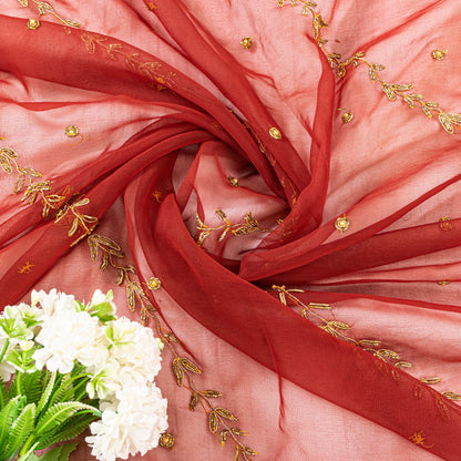 Sanskriti Vintage Red Organza Silk Dupatta Long Stole Hand Beaded Zardozi Scarves