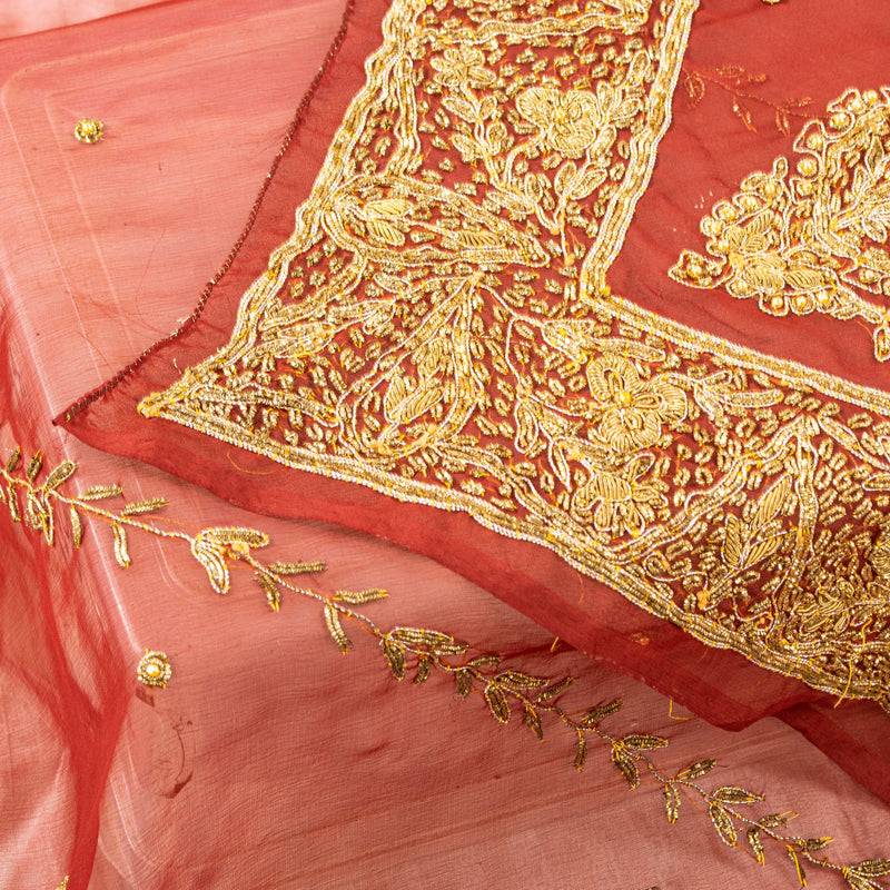 Sanskriti Vintage Red Organza Dupatta Long Stole Hand Beaded Zardozi Dabka Scarves Home Decor, Sewing, Upcycling, DIY Projects, Crafting