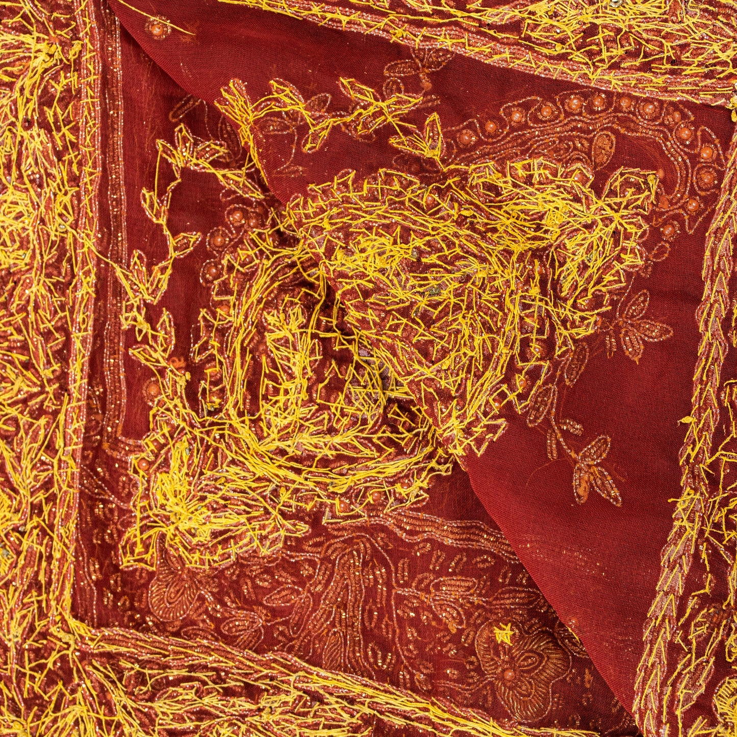 Sanskriti Vintage Red Organza Silk Dupatta Long Stole Hand Beaded Zardozi Scarves