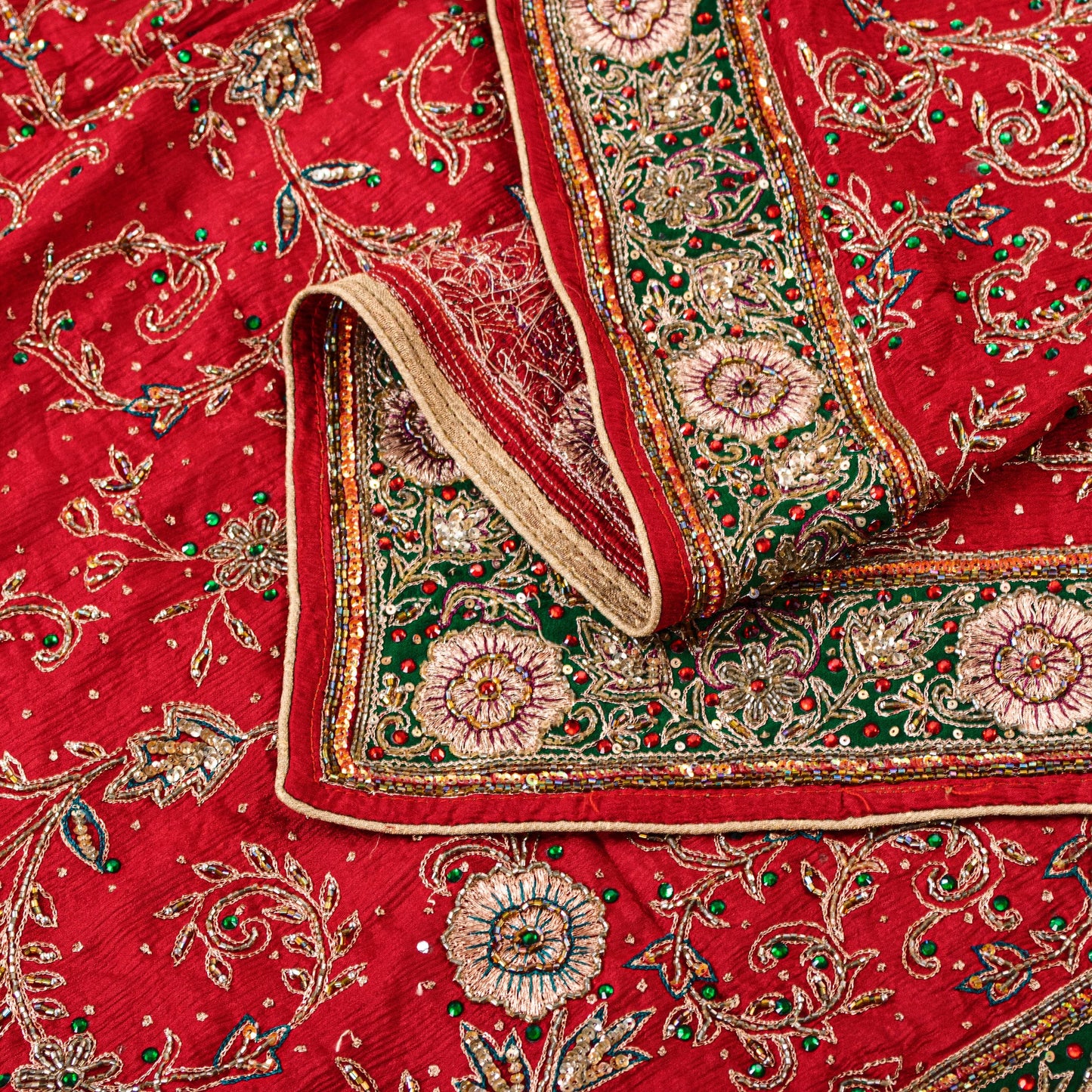 Sanskriti Vintage Red Pure Silk Dupatta Long Stole Hand Beaded Head Scarves Veil