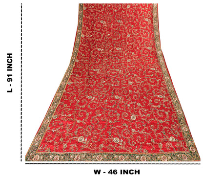 Sanskriti Vintage Red Pure Silk Dupatta Long Stole Hand Beaded Head Scarves Veil