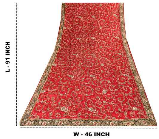 Sanskriti Vintage Red Pure Silk Dupatta Long Stole Hand Beaded Head Scarves Veil