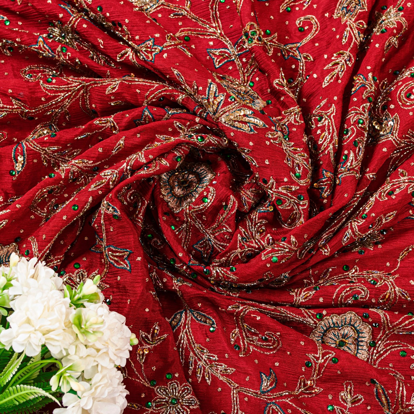 Sanskriti Vintage Red Pure Silk Dupatta Long Stole Hand Beaded Head Scarves Veil