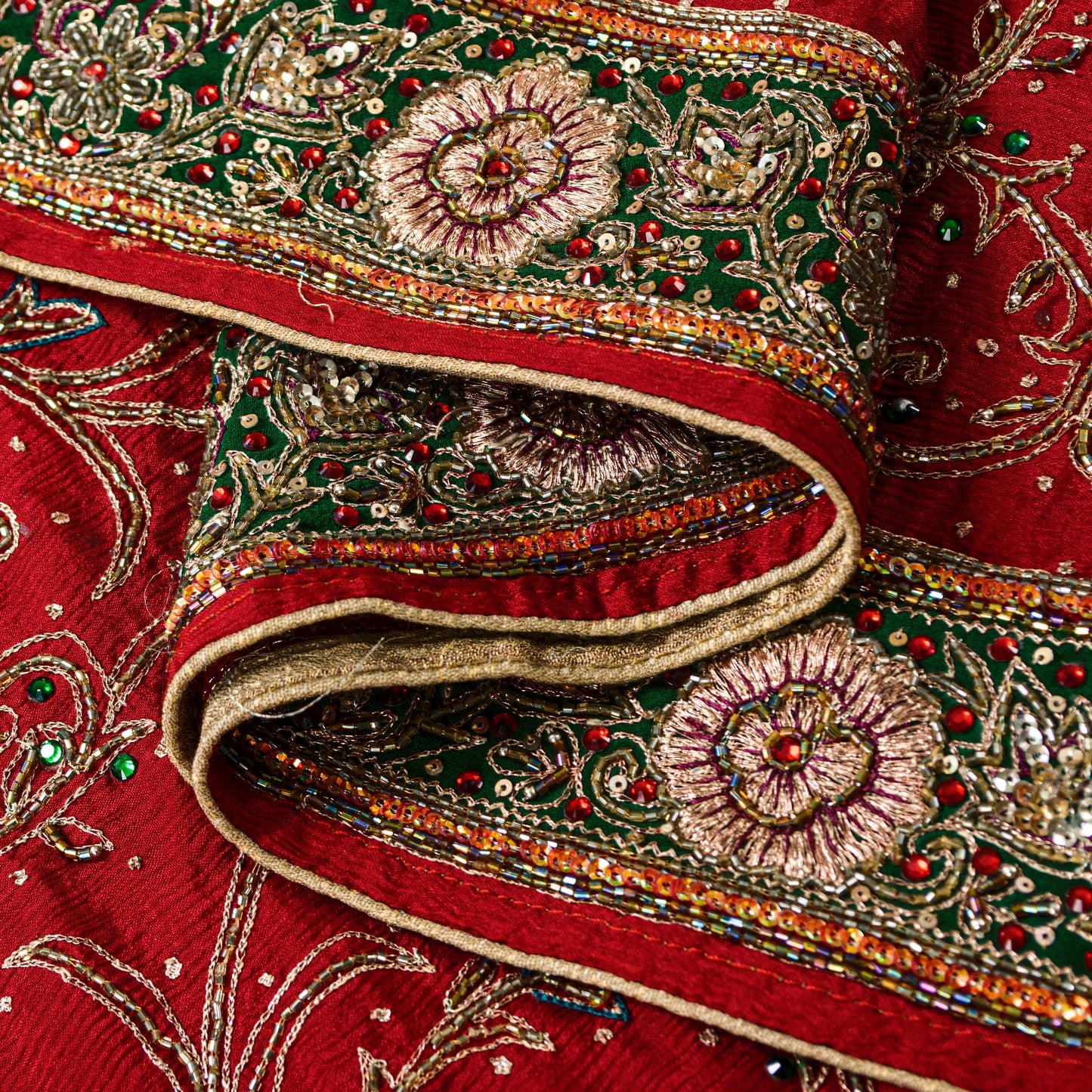 Sanskriti Vintage Red Pure Silk Dupatta Long Stole Hand Beaded Head Scarves Veil