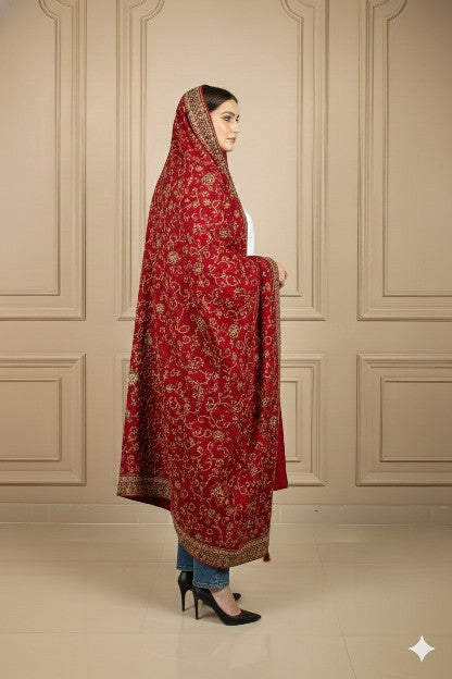 Sanskriti Vintage Red Pure Silk Dupatta Long Stole Hand Beaded Head Scarves Veil