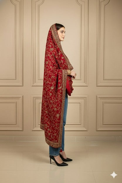 Sanskriti Vintage Red Pure Silk Dupatta Long Stole Hand Beaded Head Scarves Veil