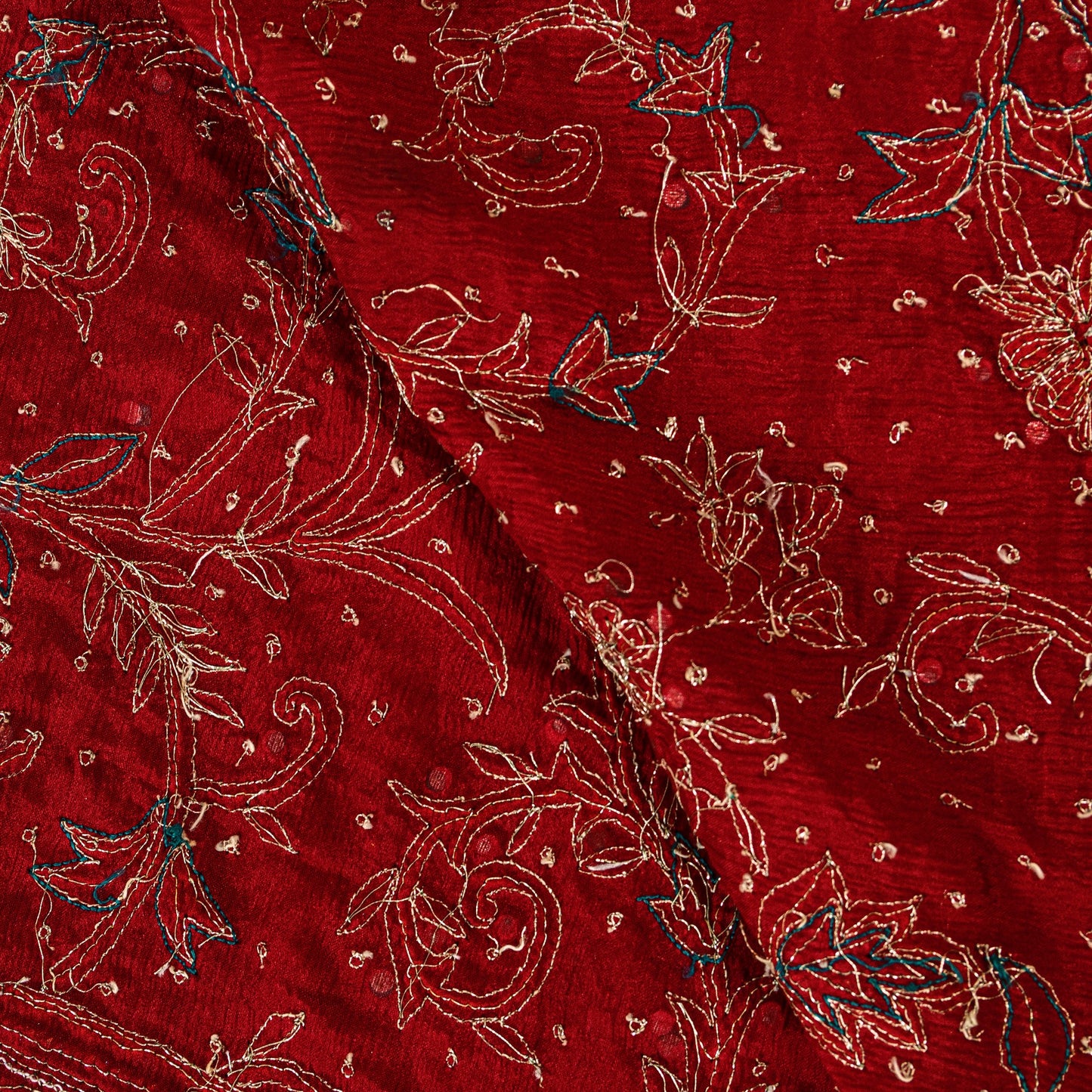 Sanskriti Vintage Red Pure Silk Dupatta Long Stole Hand Beaded Head Scarves Veil