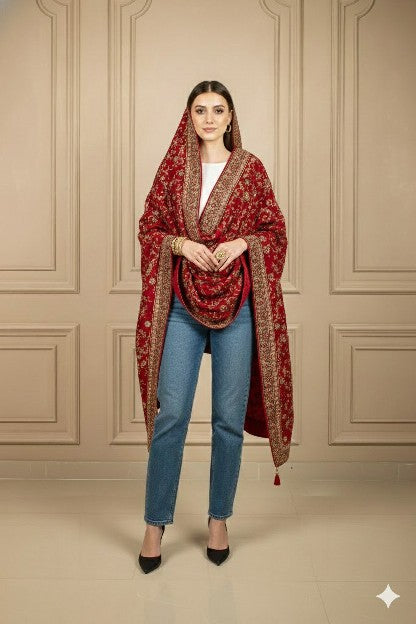 Sanskriti Vintage Red Pure Silk Dupatta Long Stole Hand Beaded Head Scarves Veil