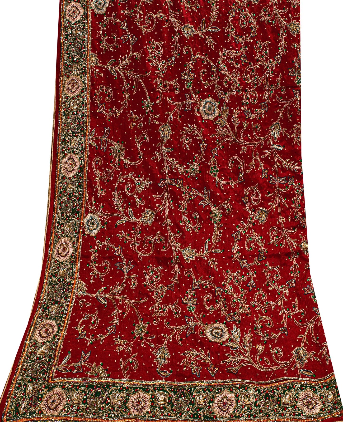 Sanskriti Vintage Red Pure Silk Dupatta Long Stole Hand Beaded Head Scarves Veil